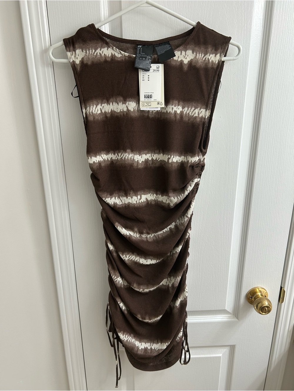H&M Brown & Cream Tie-Dye Ruched Side Drawstring Dress